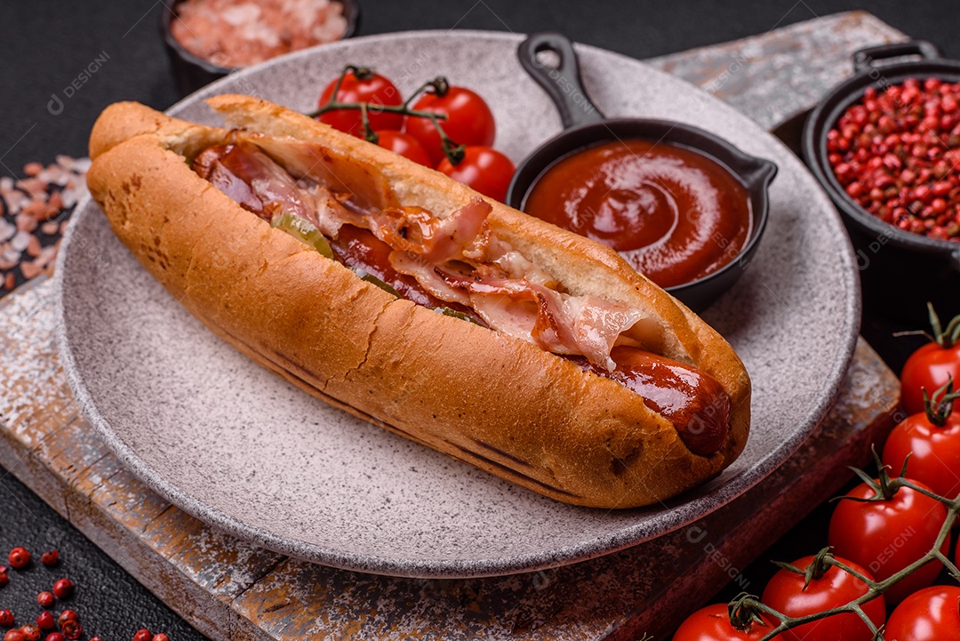 A imagem mostra um cachorro-quente, um sanduíche popular feito com salsicha em um pão alongado