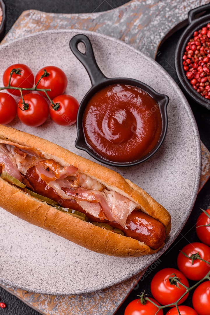 A imagem mostra um cachorro-quente, um sanduíche popular feito com salsicha em um pão alongado