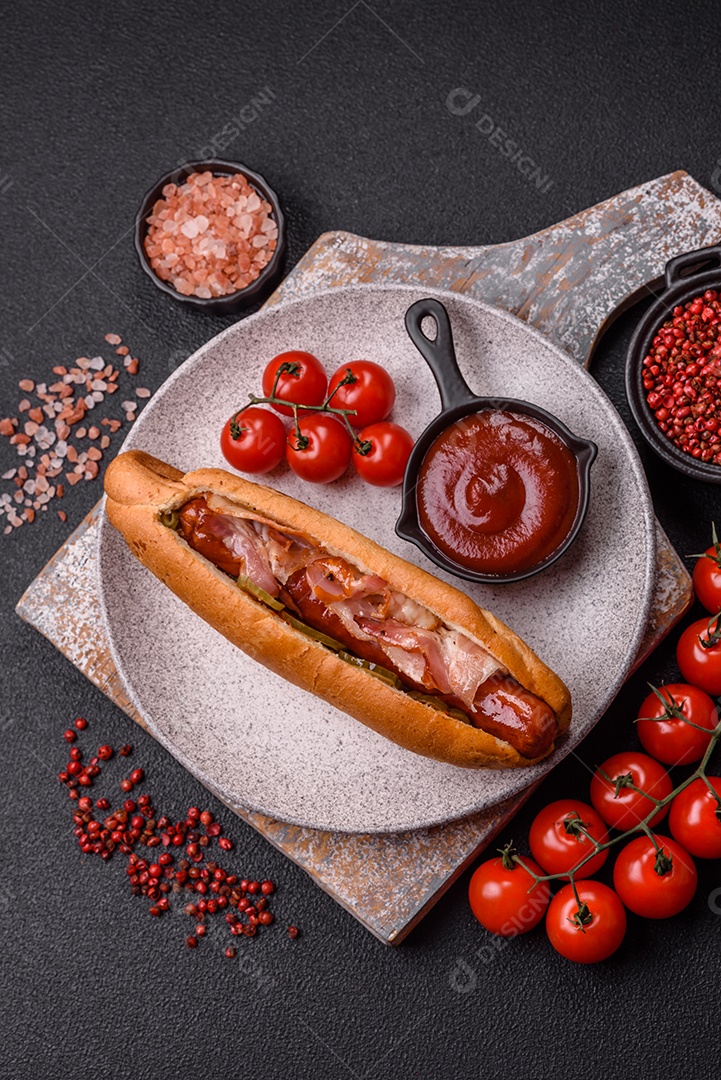 A imagem mostra um cachorro-quente, um sanduíche popular feito com salsicha em um pão alongado