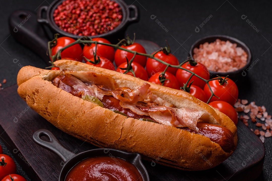 A imagem mostra um cachorro-quente, um sanduíche popular feito com salsicha em um pão alongado
