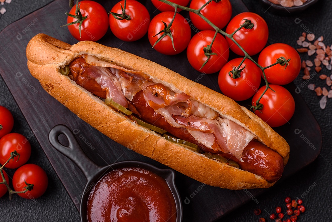A imagem mostra um cachorro-quente, um sanduíche popular feito com salsicha em um pão alongado