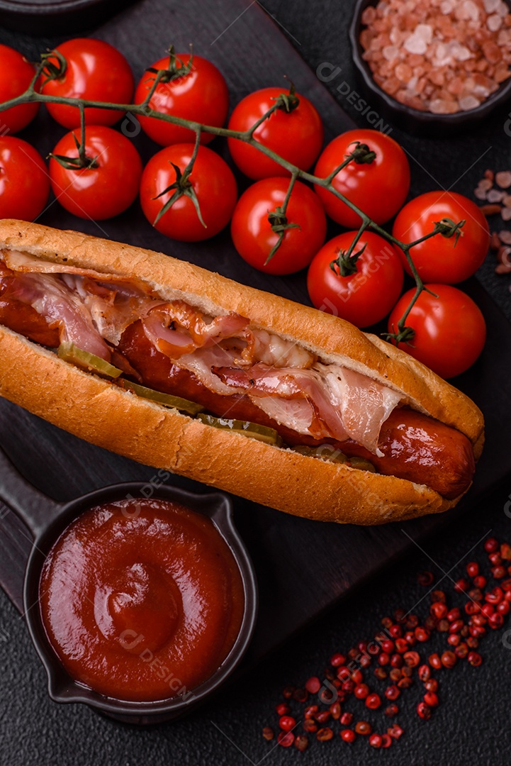 A imagem mostra um cachorro-quente, um sanduíche popular feito com salsicha em um pão alongado