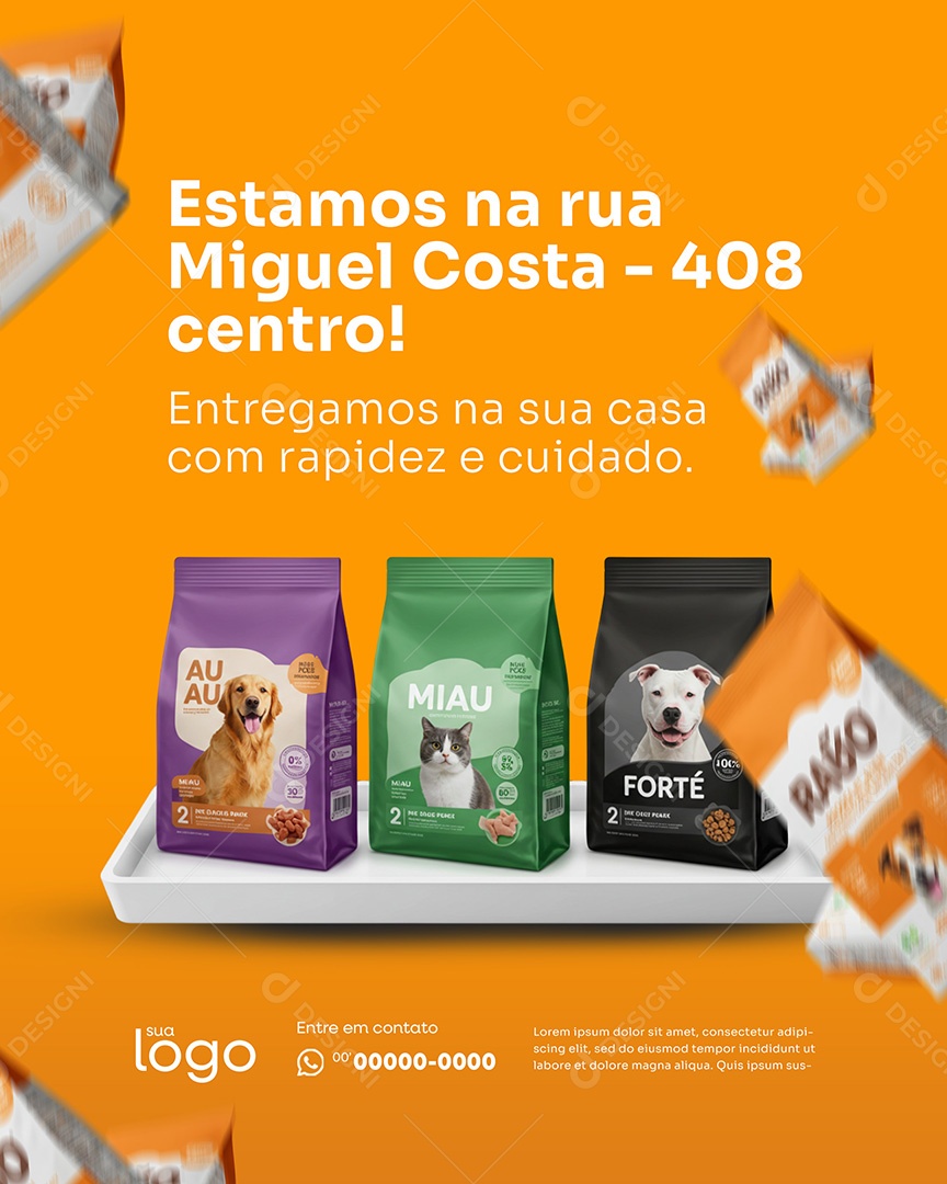 Post Estamos na Rua Miguel Costa Social Media Ração para Pet PSD Editável