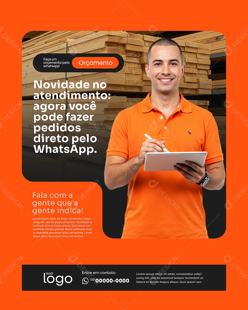 Post Madeireira Novidade no Atendimento Social Media PSD Editável