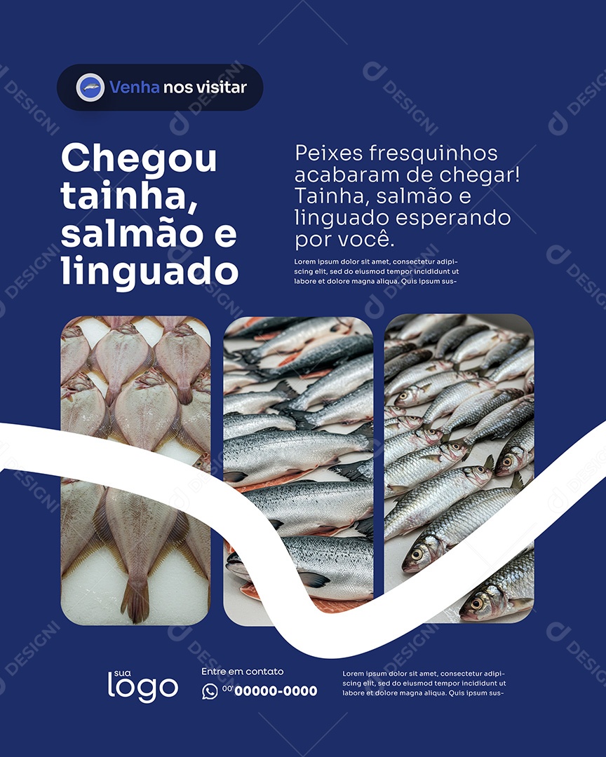 Post Peixaria Chegou Tainha Salmão e Linguado Social Media PSD Editável