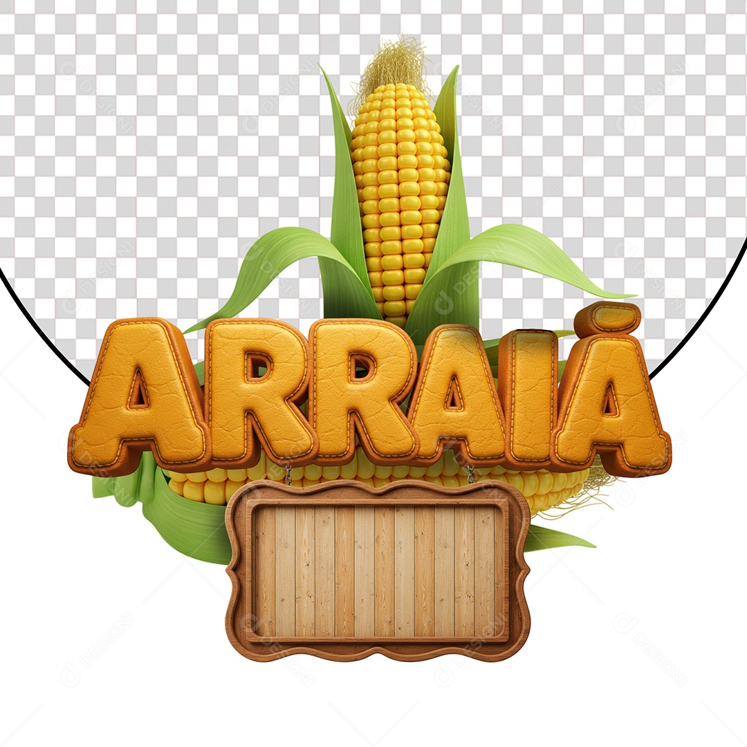 Selo 3D Arraiá com Milho de Festa Junina para Composição PSD Editável