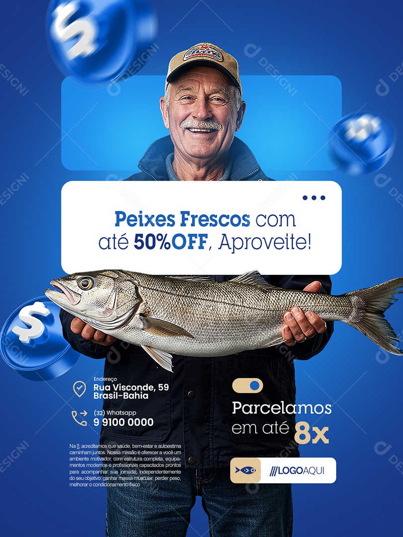 Peixaria Peixes Frescos com Até 50% Off Social Media PSD Editável