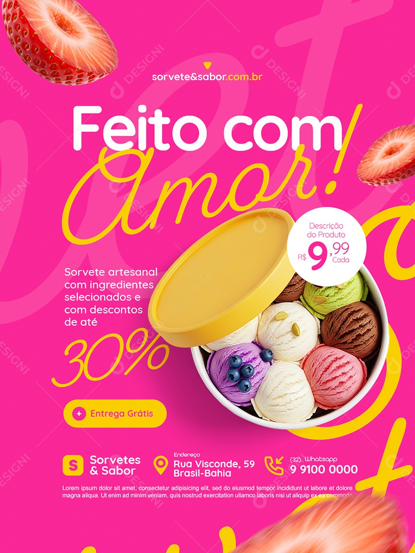 Sorveteria Feito com Amor Sorvete Artesanal Social Media PSD Editável