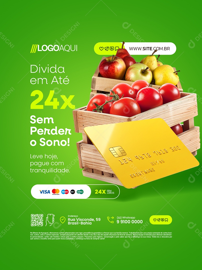 Cartão Hortifruti Maçã Tomate Divida em Até 24x Sem Perder o Sonho Social Media PSD Editável