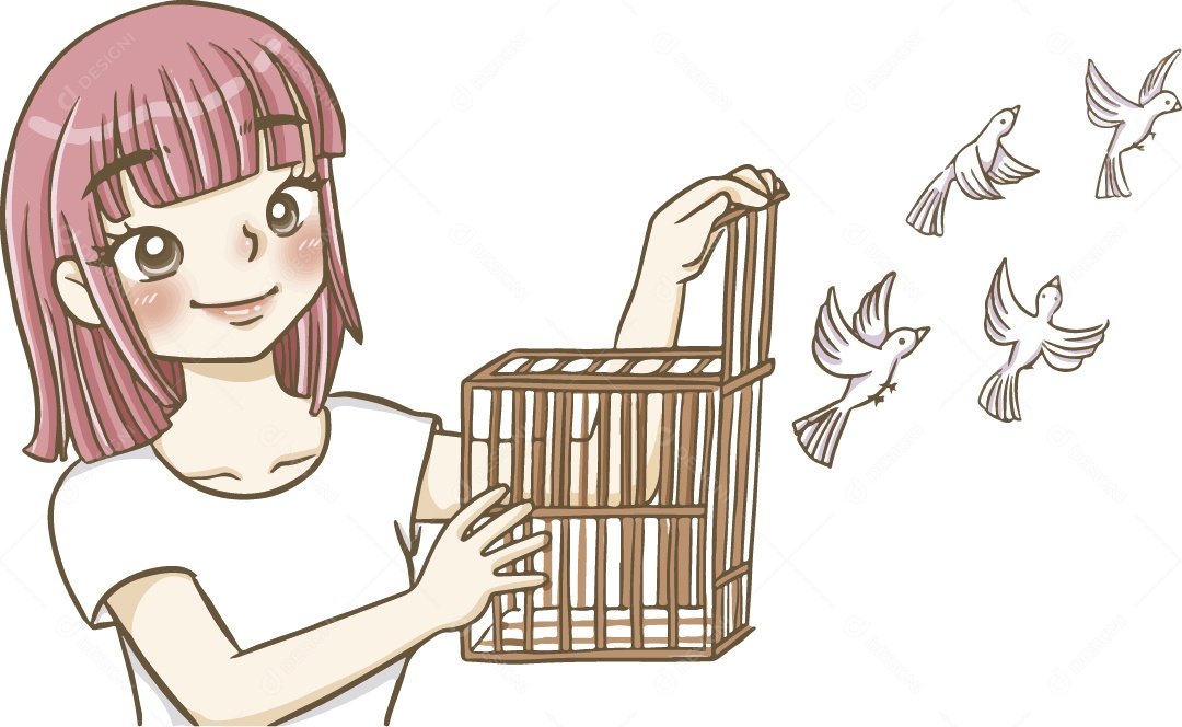 Desenho Animado de Menina Soltando Passárinhos da Gaiola Ilustração Vetor EPS