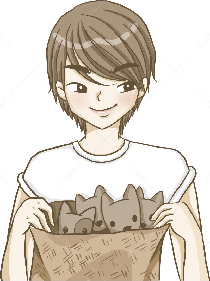 Desenho Animado de Jovem com Saco Cheio de FIlhotes de Cachorro Ilustração Vetor EPS