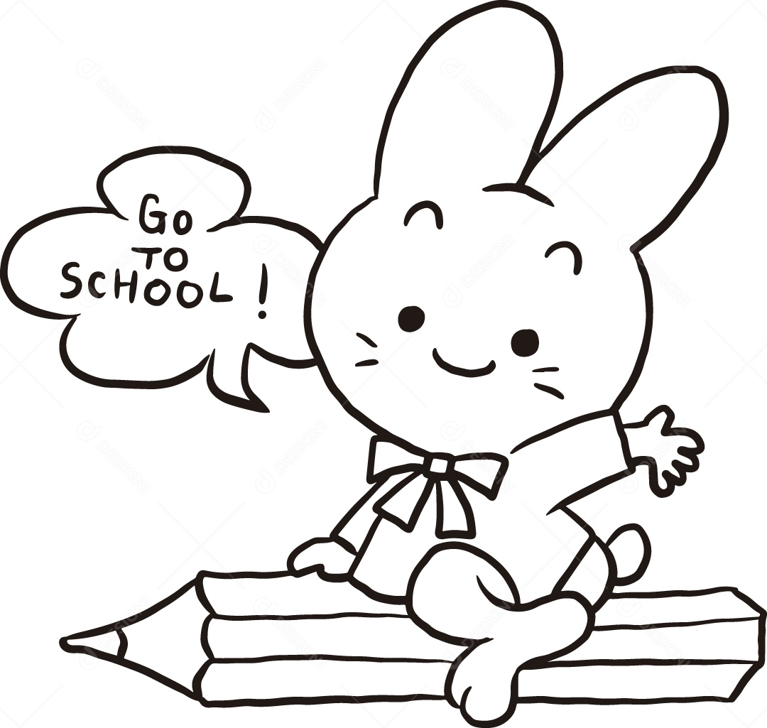 Desenho para Colorir Coelho Encima de Lápis Indo para Escola Ilustração Vetor EPS