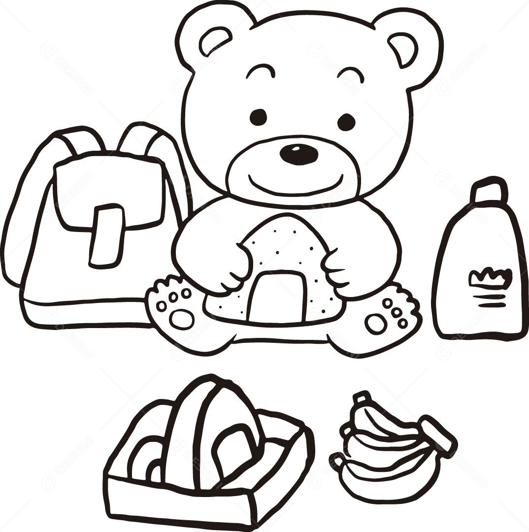 Desenho para Colorir Urso Lanchando Ilustração Vetor EPS