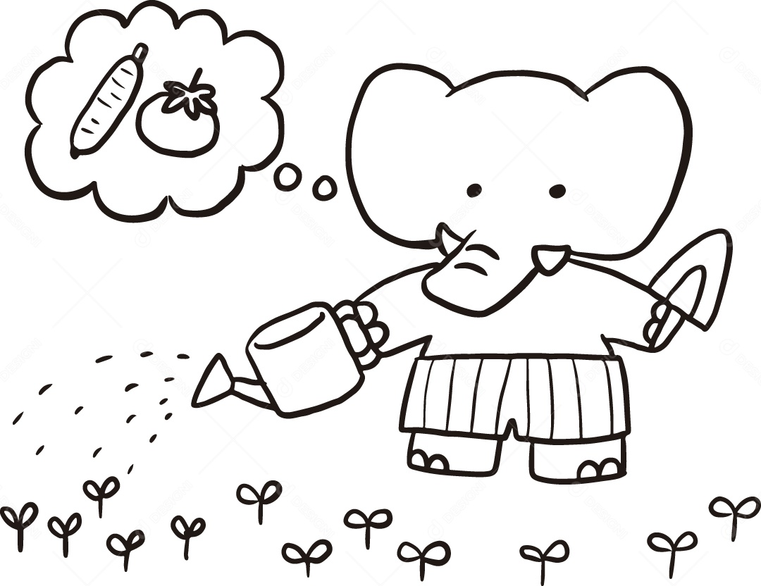 Desenho para Colorir Elefante Regrando Sua Horta Ilustração Vetor EPS