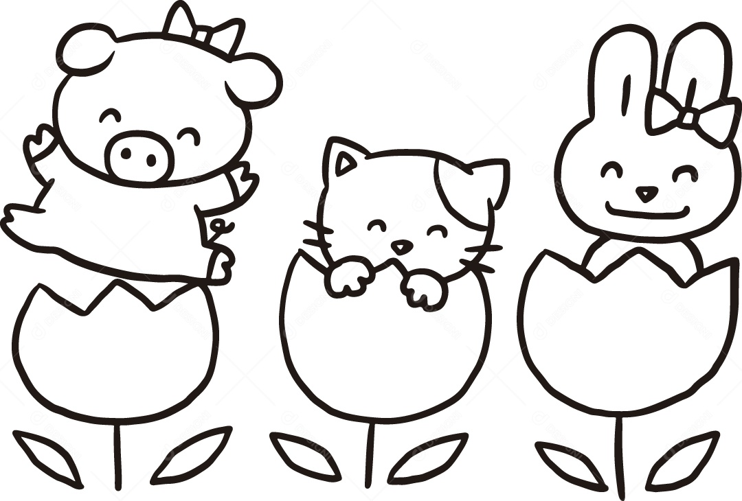Desenho para Colorir Porco Gato e Coelho Ilustração Vetor EPS