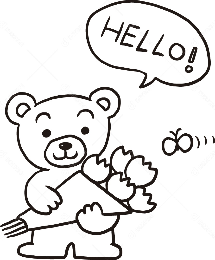 Desenho para Colorir Urso Segurando um Buquê de Flores Ilustração Vetor EPS