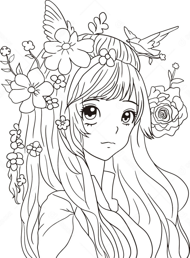 Desenho para Colorir de Bela Mulher com Flores no Cabelo Ilustração Vetor EPS