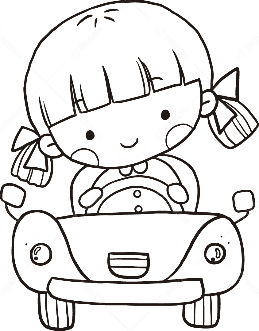 Desenho para Colorir de Menina em Carro Ilustração Vetor EPS