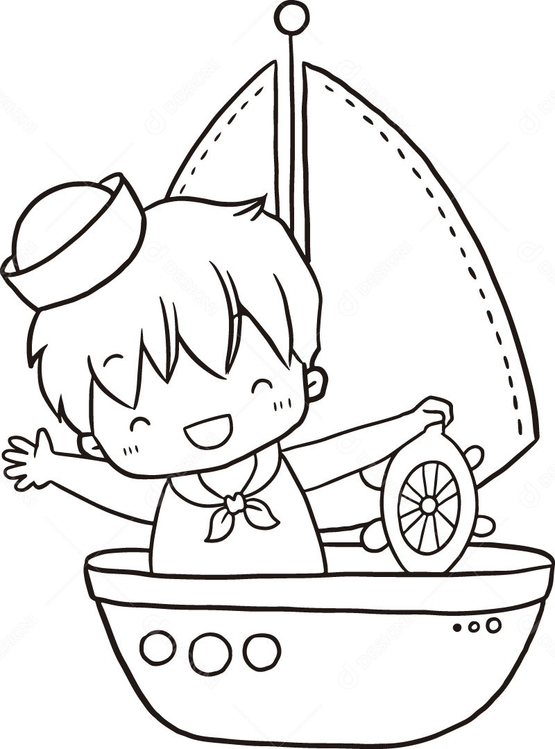 Desenho para Colorir de Marinheiro em Navio Ilustração Vetor EPS