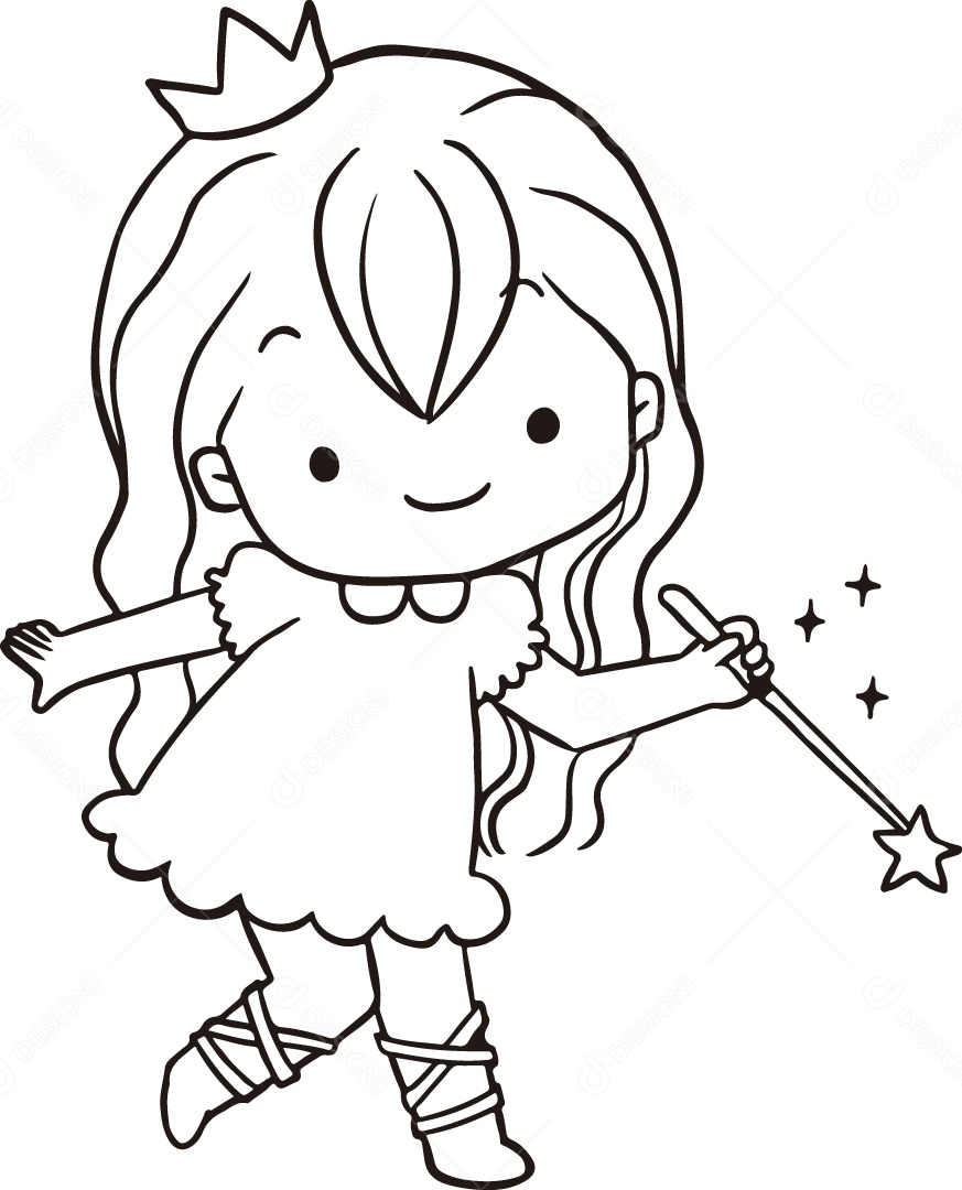 Desenho para Colorir de Criança com Vara Madrinha Ilustração Vetor EPS