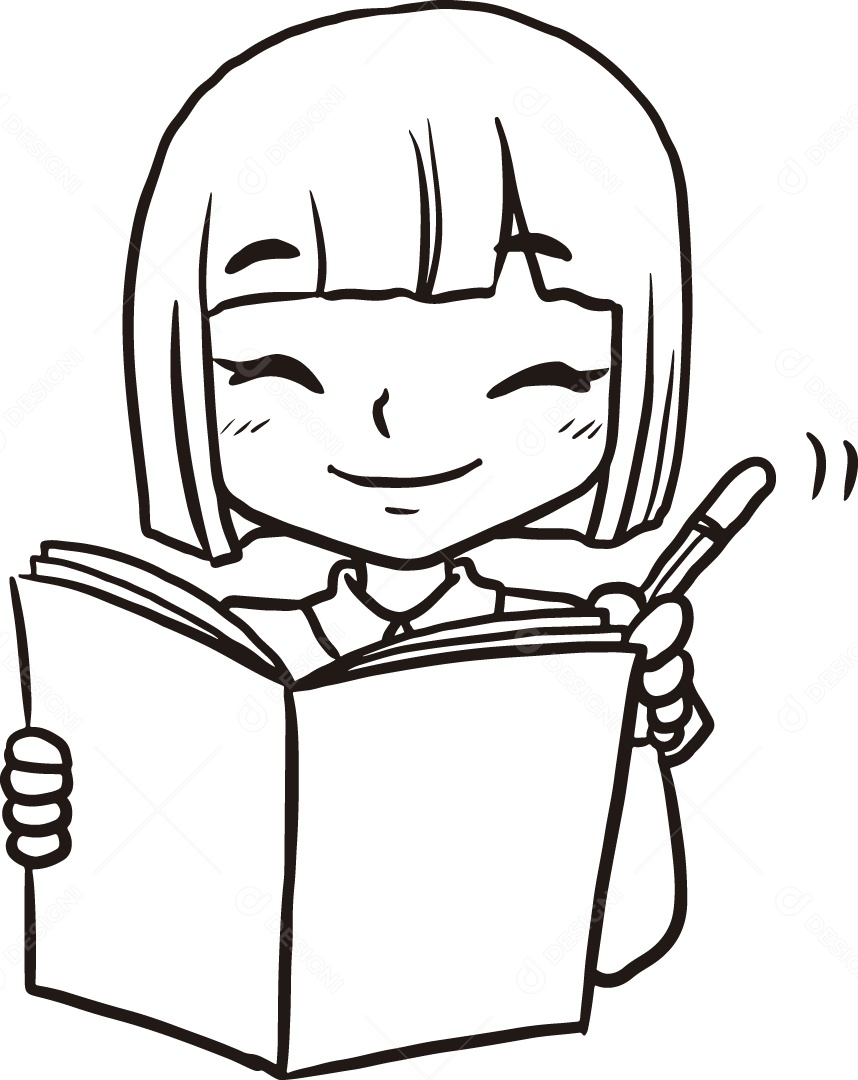 Desenho para Colorir de Estudante Lendo Ilustração Vetor EPS