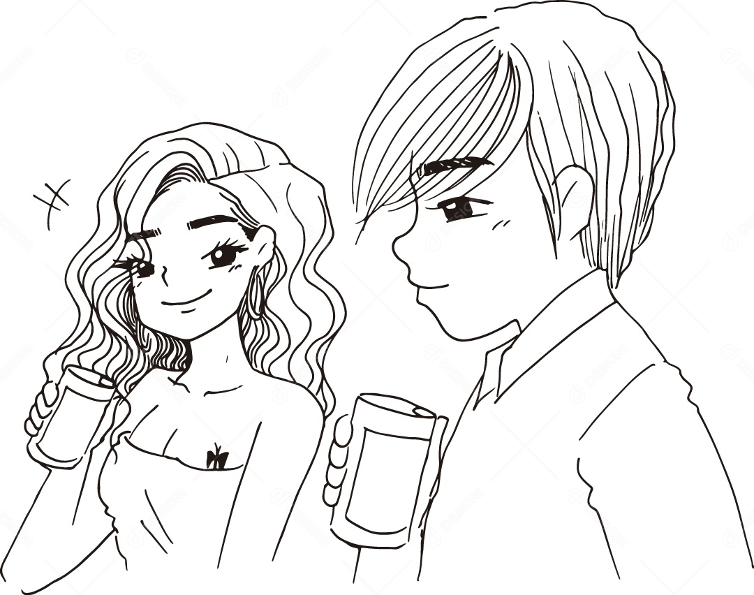 Desenho para Colorir de Casal Bebendo Juntos Ilustração Vetor EPS