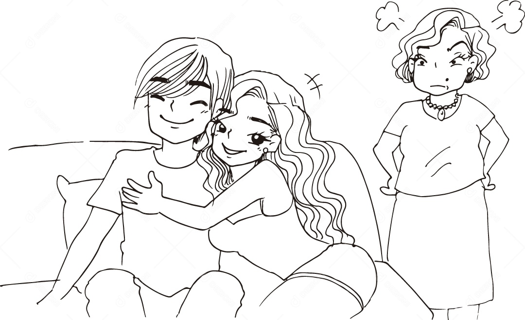 Desenho para Colorir de Casal Feliz e Sogra Zangada Ilustração Vetor EPS