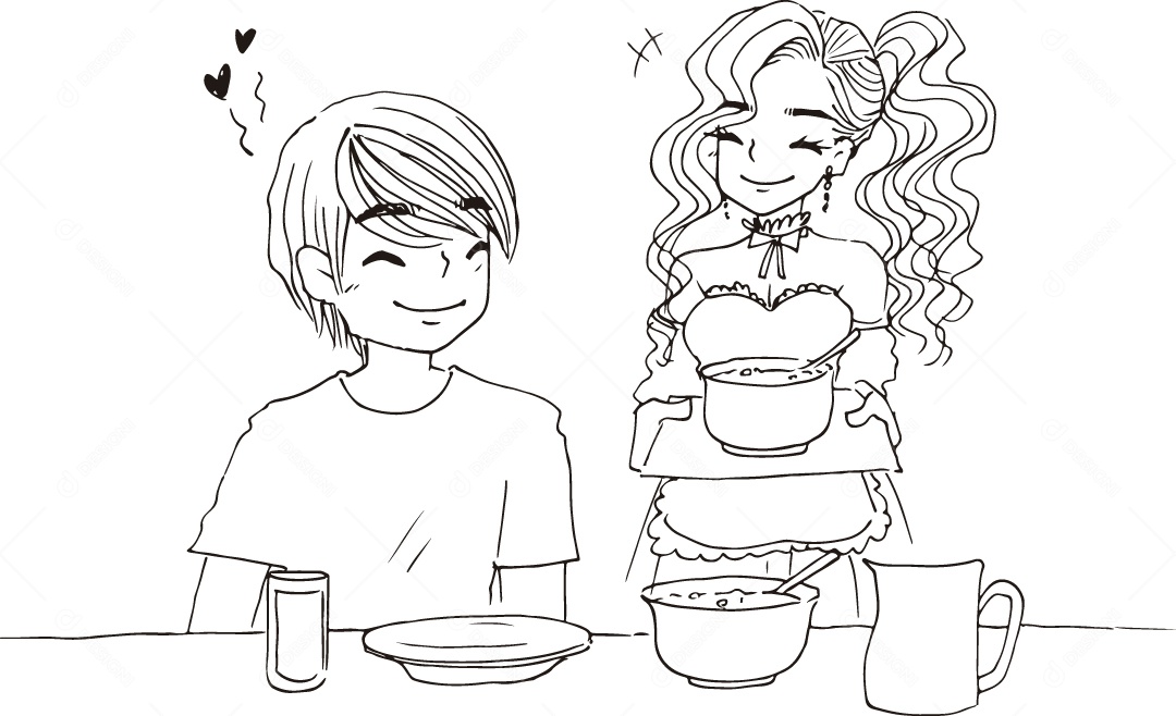 Desenho para Colorir de Mulher Fazendo Comida para Namorado Ilustração Vetor EPS