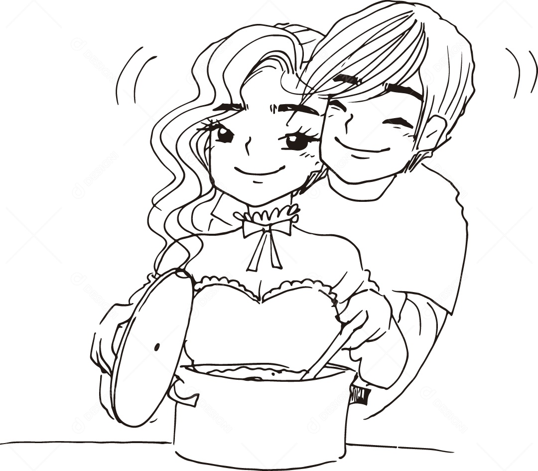 Desenho para Colorir de Casal Cozinhando Ilustração Vetor EPS