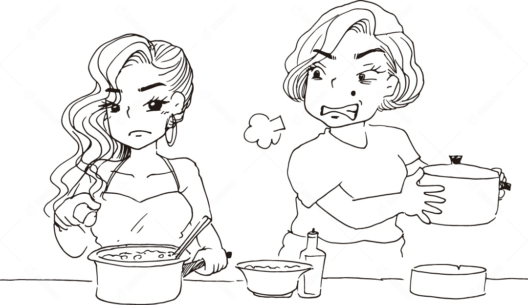 Desenho para Colorir de Mãe e Filha Fazendo Comida Ilustração Vetor EPS