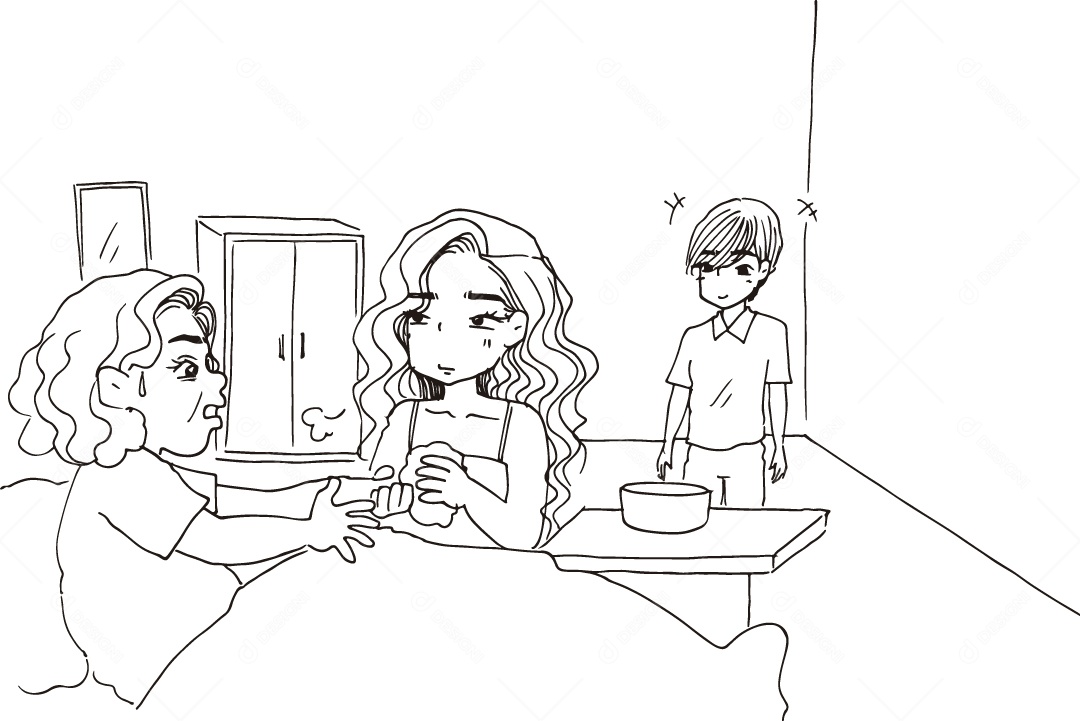 Desenho para Colorir de Casal Cuidando de Idosa Ilustração Vetor EPS