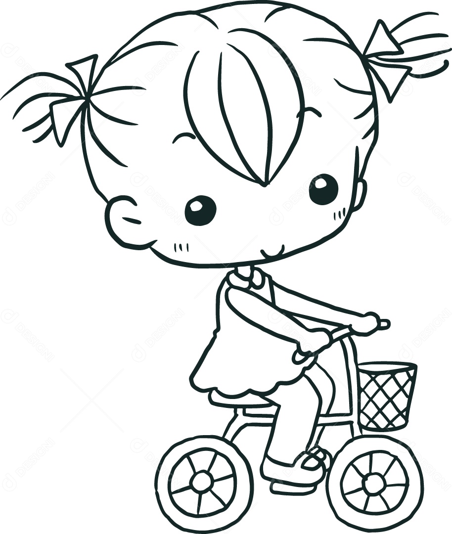 Desenho para Colorir de Menina de Bicicleta Ilustração Vetor EPS
