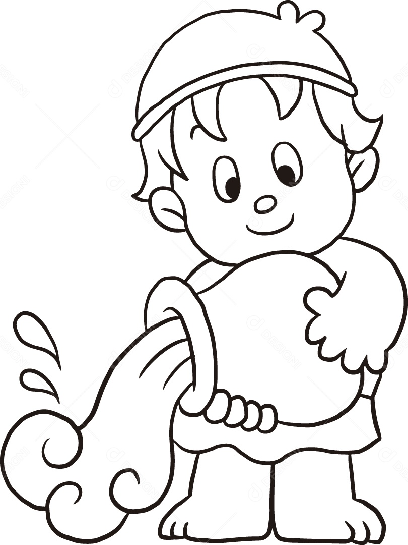 Desenho para Colorir de Criança Segurando Vaso Ilustração Vetor EPS