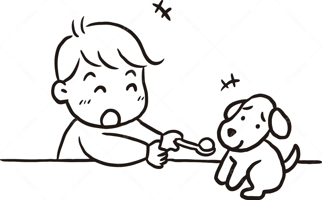 Desenho para Colorir de Bebê Brincando com Cachorro Ilustração Vetor EPS