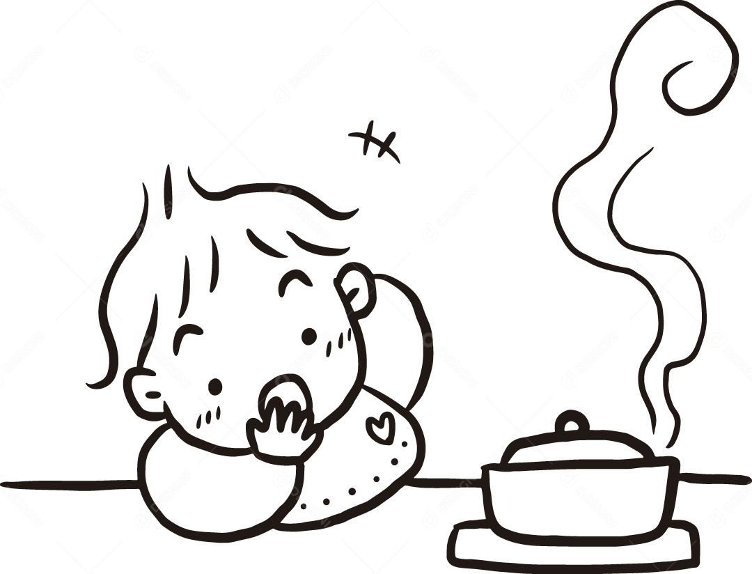 Desenho para Colorir de Bebê Esperando Comida Esfriar Ilustração Vetor EPS