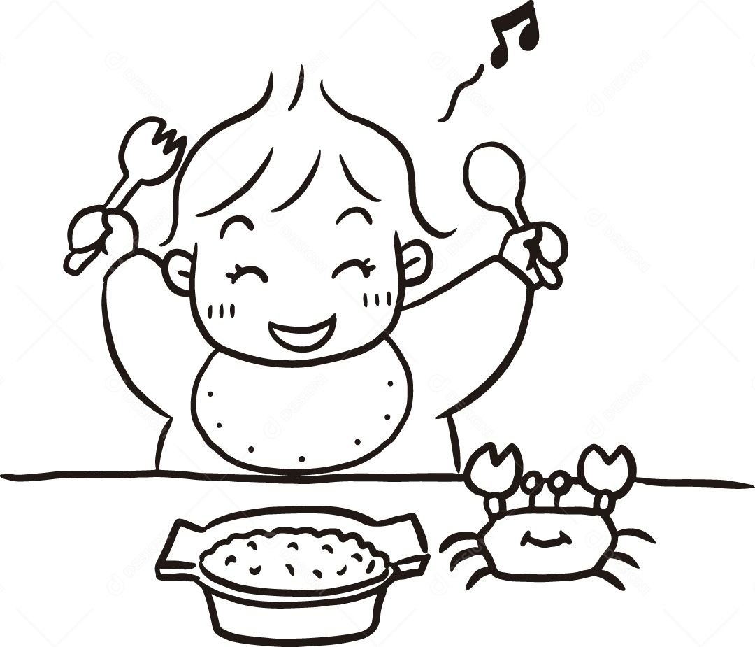 Desenho para Colorir de Bebê Comendo Ilustração Vetor EPS