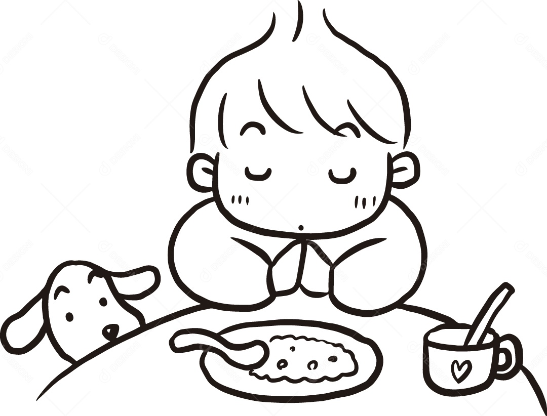 Desenho para Colorir de Bebê Orando pra Comer Ilustração Vetor EPS