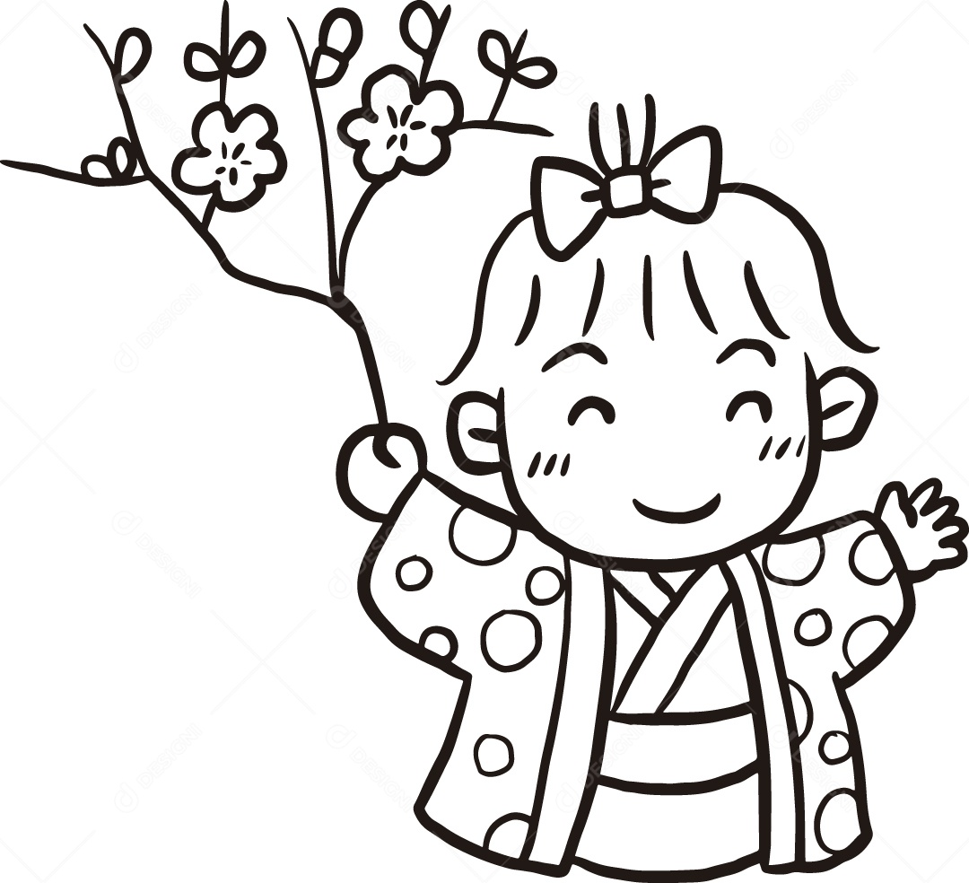 Desenho para Colorir de Criança Segurando Flores Ilustração Vetor EPS