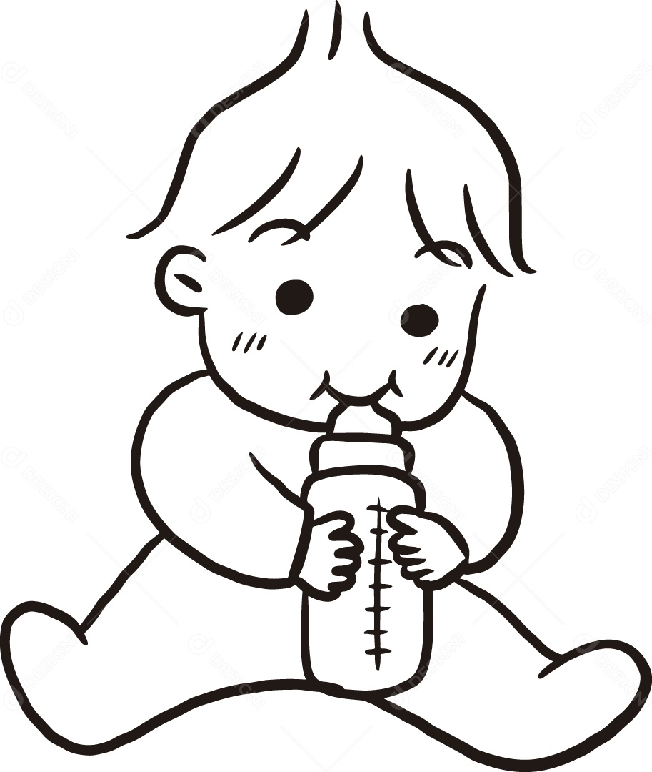 Desenho para Colorir de Bebê Tomando Mamadeira Ilustração Vetor EPS