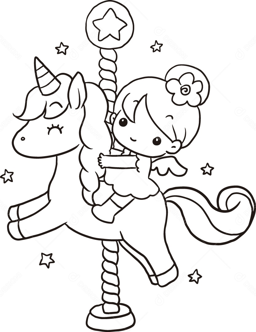 Desenho para Colorir de Princesa Montada em Unicórnio Ilustração Vetor EPS