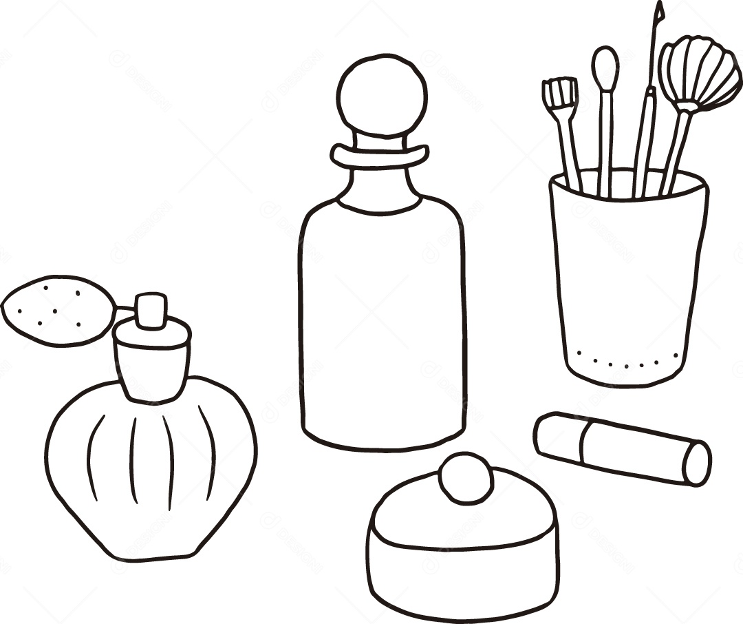Desenho para Colorir de Objetos Perfume Maquiagem Batom Ilustração Vetor EPS