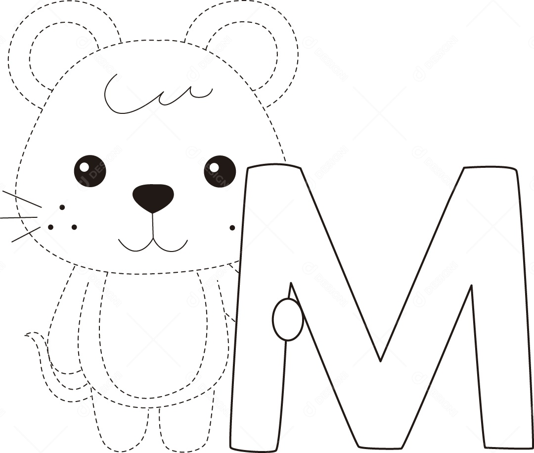 Desenho de Cobrir Linhas para Colorir Letra M Alfabeto de Animais para Crianças Ilustração Vetor EPS