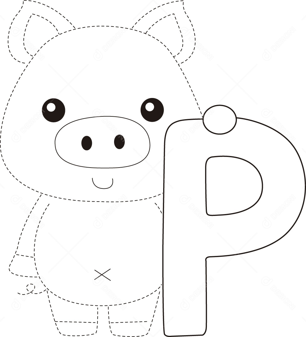 Desenho de Cobrir Linhas para Colorir Letra P Alfabeto de Animais para Crianças Ilustração Vetor EPS
