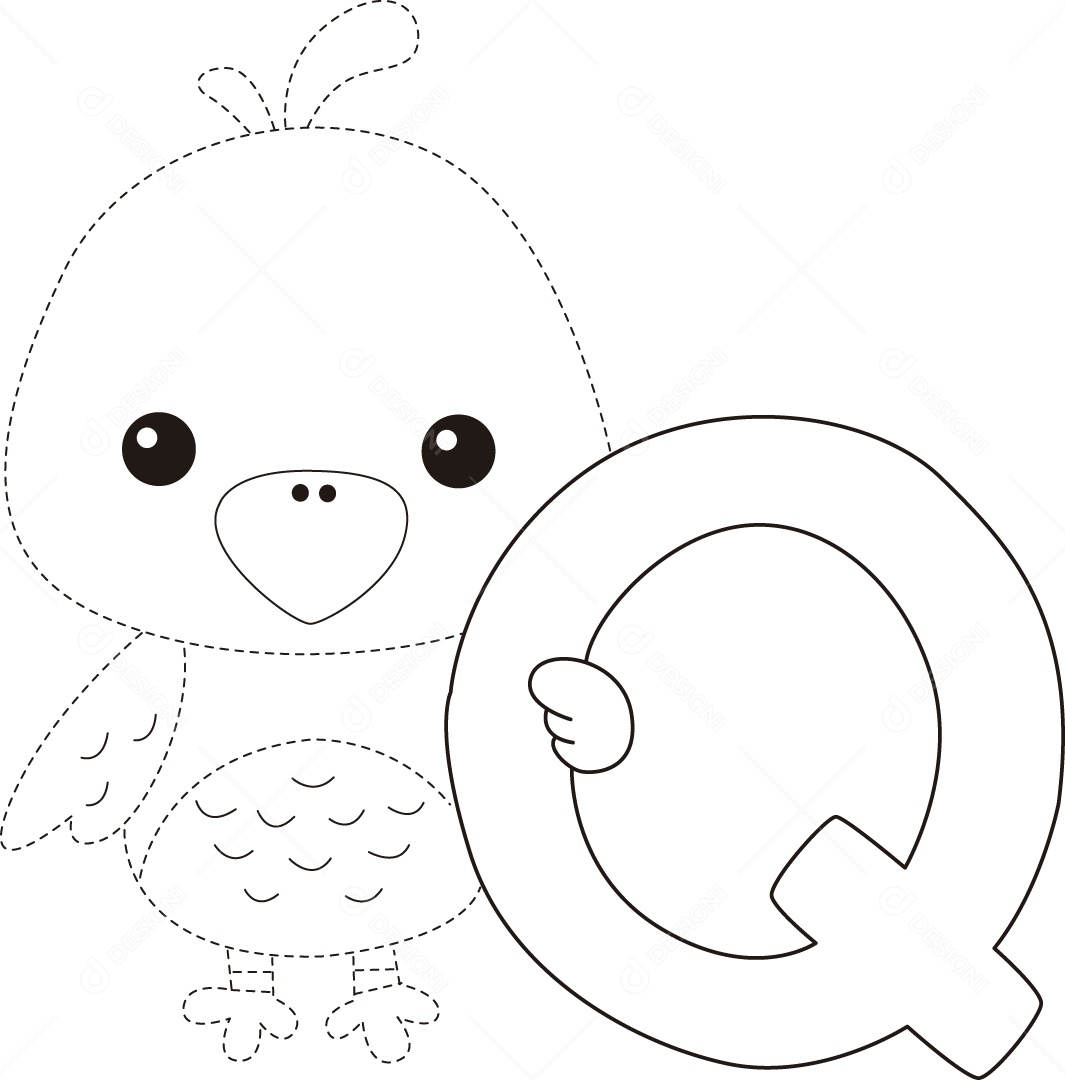 Desenho de Cobrir Linhas para Colorir Letra Q Alfabeto de Animais para Crianças Ilustração Vetor EPS