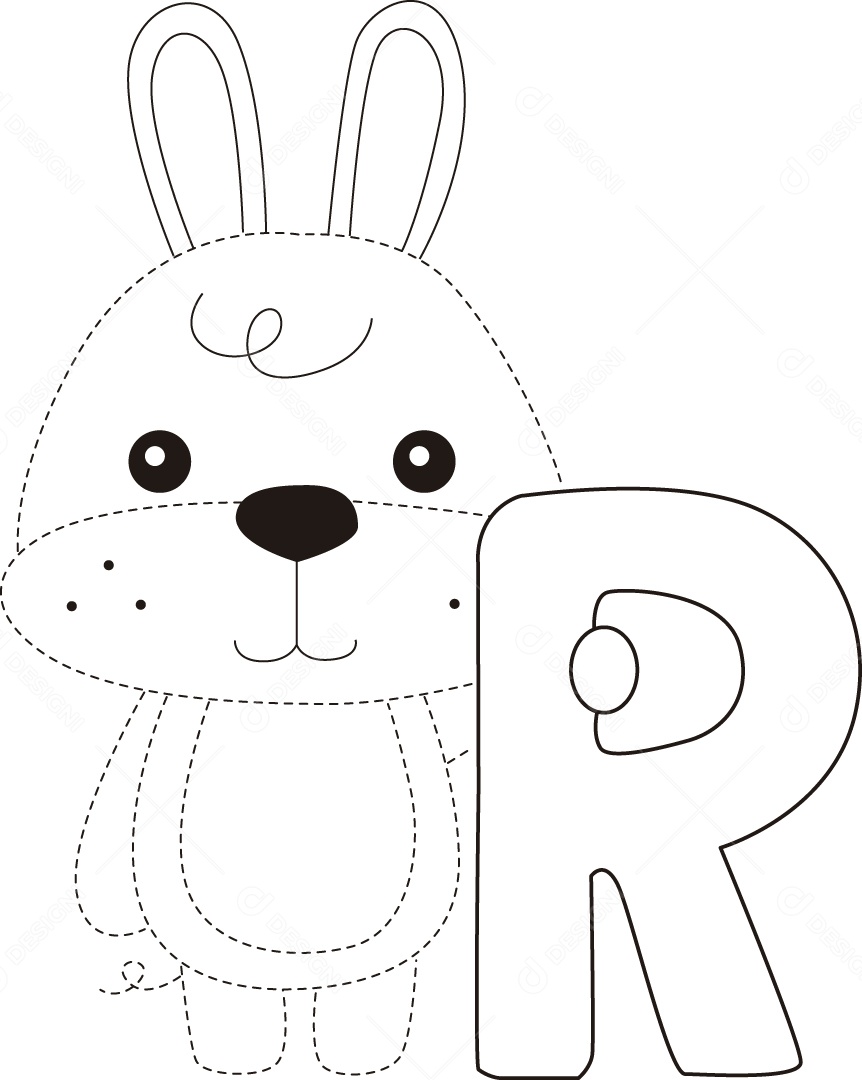 Desenho de Cobrir Linhas para Colorir Letra R Alfabeto de Animais para Crianças Ilustração Vetor EPS