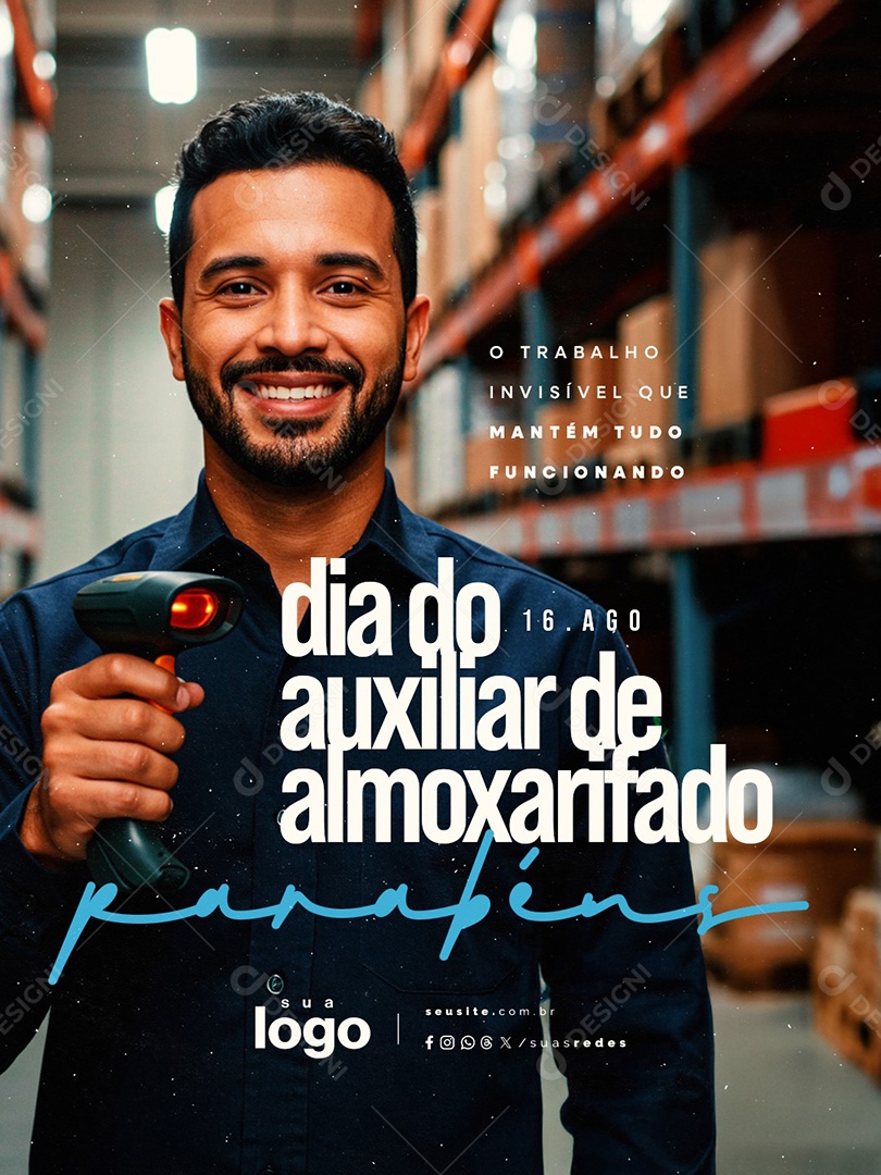 Dia do Auxiliar de Almoxarifado 16 de Agosto Parabéns Social Media PSD Editável