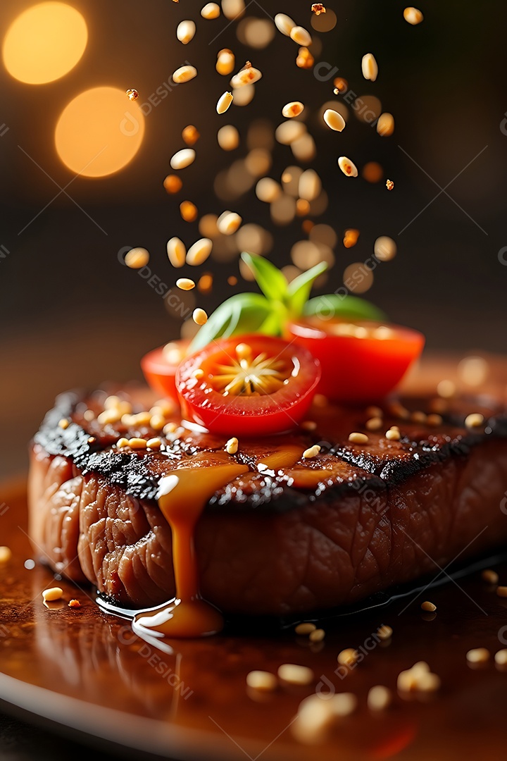 A imagem mostra um bife de carne bovina grelhado, com molho, tomate cereja e manjericão, e sementes caindo sobre ele.