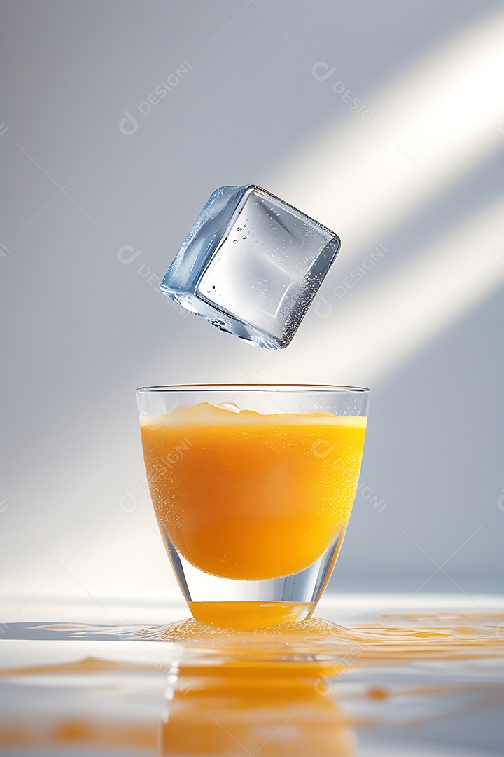 A imagem mostra um cubo de gelo caindo em um copo de suco de laranja