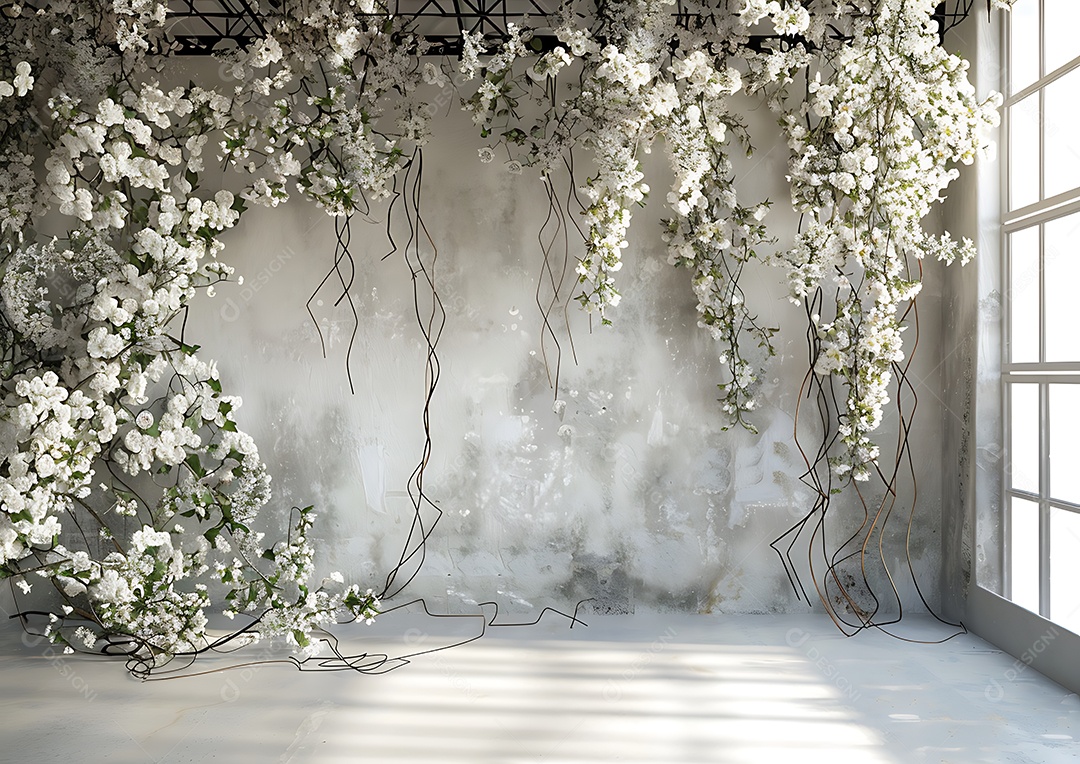 A imagem mostra um cenário decorado com a flor mosquitinho