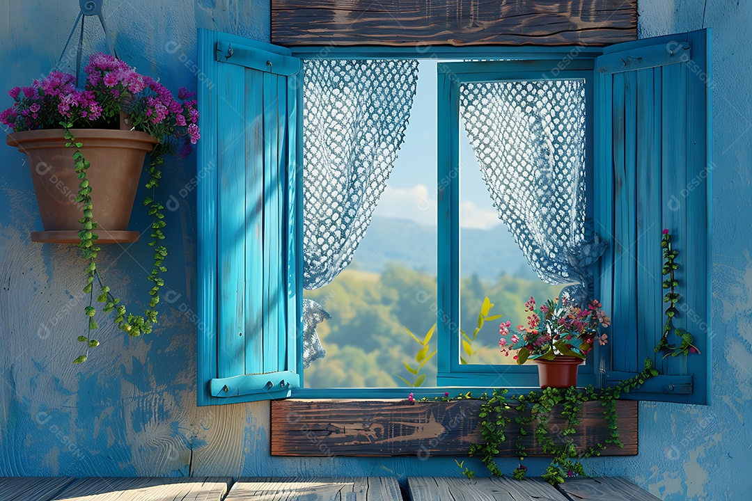 A imagem mostra uma janela com venezianas azuis abertas